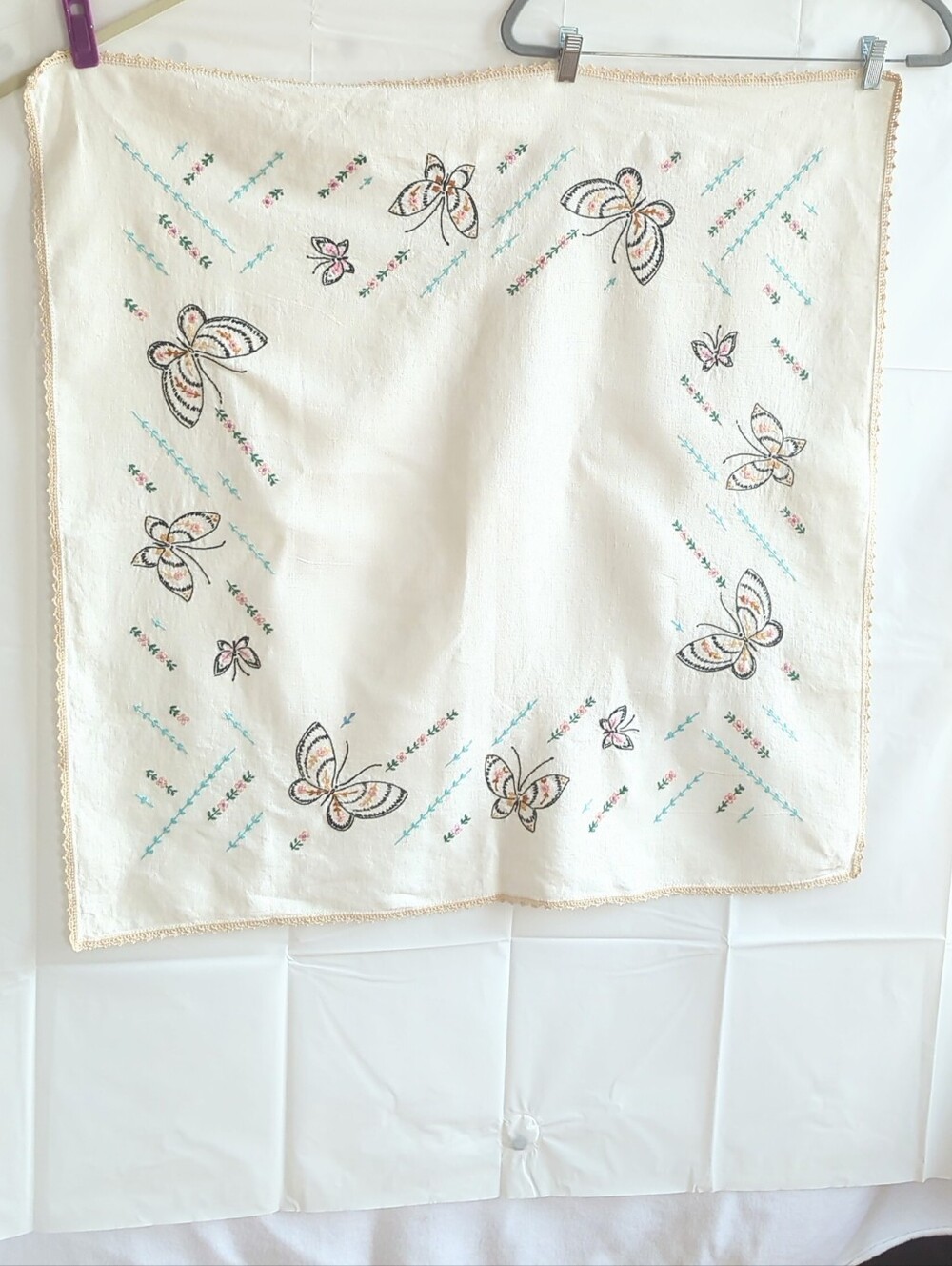 Vintage Handmade Table Covered w Embroidered Butterflies & Flowers 33"x32"